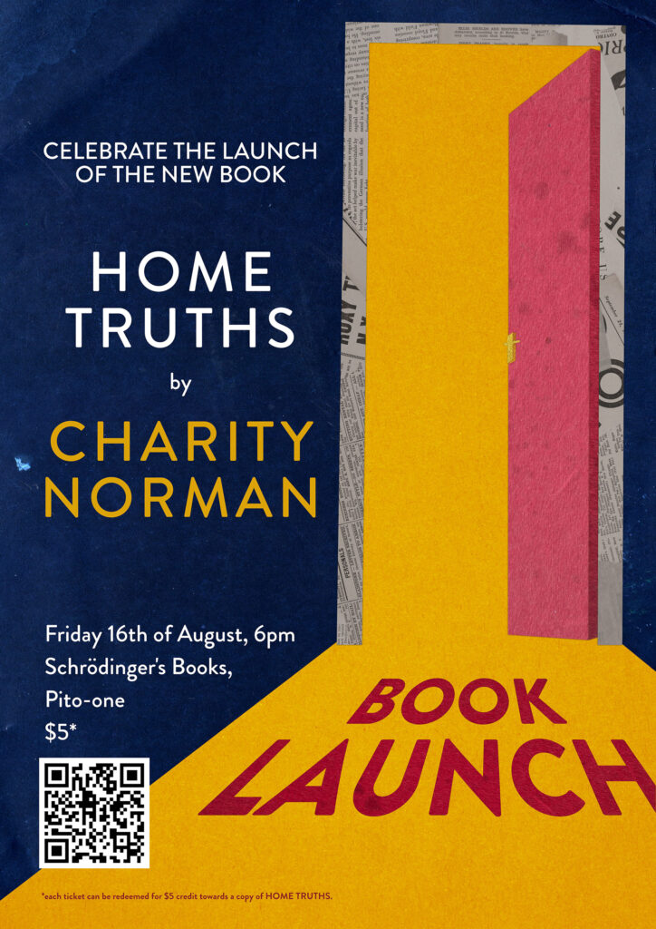 Poster design. Paper-cut collage of an ajar red door. Yellow light spills from inside, revealing the words "Book launch".

Caption: Celebrate the launch of the new book "Home Truths" by Charity Norman.