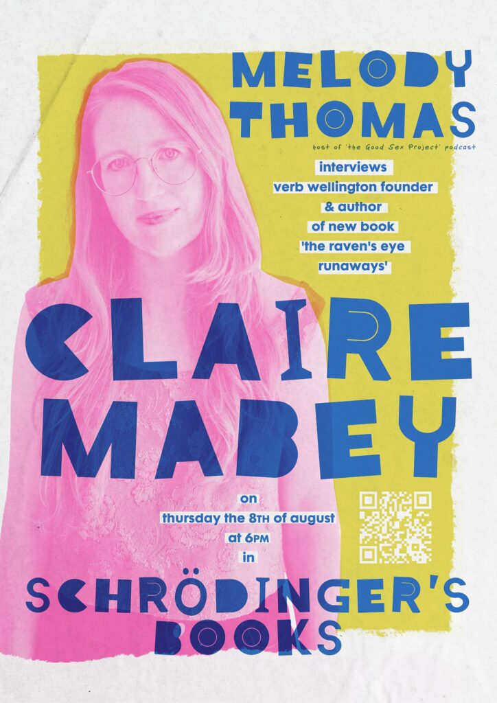 Poster design. 90s style risograph print, with blue text, yellow background and the figure of a white woman in glasses, printed in pink.

Caption: Melody Thomas interviews Claire Mabey.