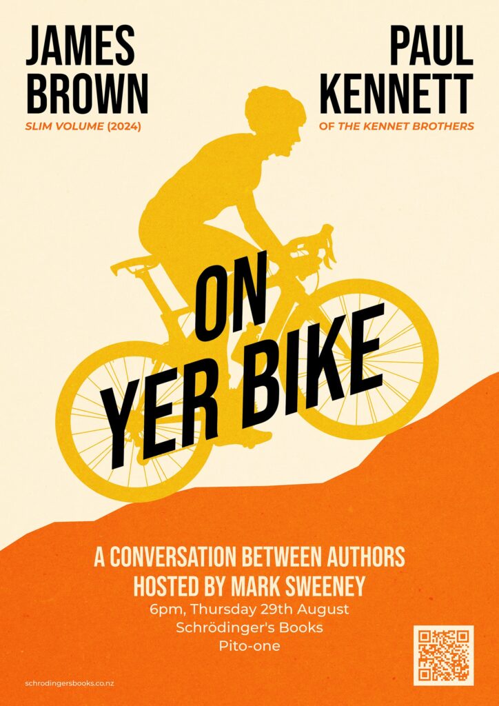 Poster design. Printed in shades of orange, a silhouette of a cyclist rides up a jagged incline.

Caption: On Yer Bike, a conversation between authors