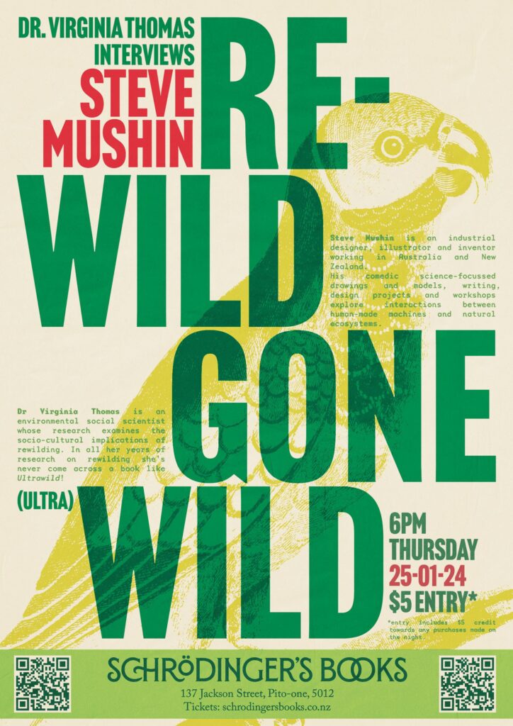 Poster design. Bold, green sans serif text overlayed on a vintage illustration of a parrot.

Caption: Re-wild gone (ultra) wild.