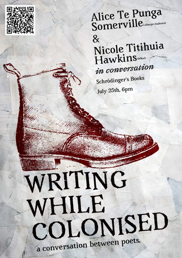 Poster Design. A blood red illustration of a boot crushes text beneath its sole.

Caption: Writing While Colonised.