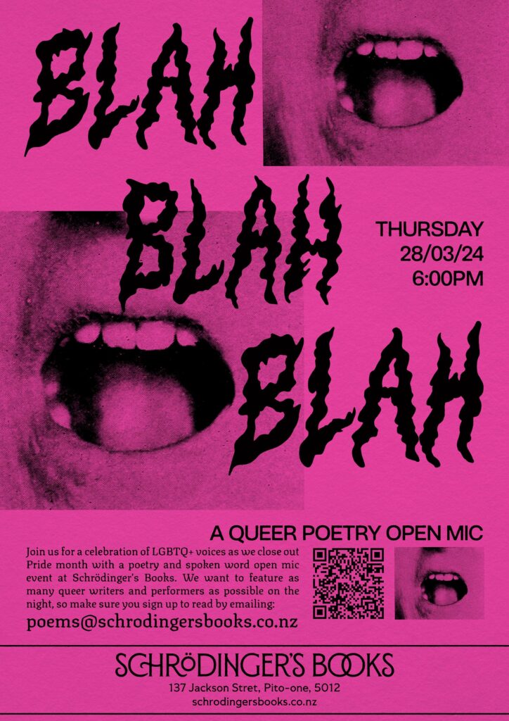 Poster design. Black print on a bright pink background - arranged on the page is distorted text and a vintage close-up photograph of an open mouth.

Caption: Blah blah blah, a queer poetry open mic.