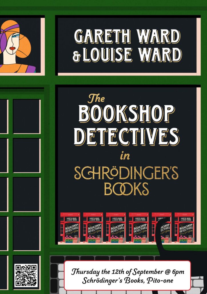 Poster design. Parody of the cover art for the book 'Bookshop Detectives: Dead Girl Gone by Gareth and Louise Ward', where the colour of the shop depicted has been switched to green to look like the shopfront of Schrödinger's Books.

Caption: The Bookshop Detectives in Schrödinger's Books.