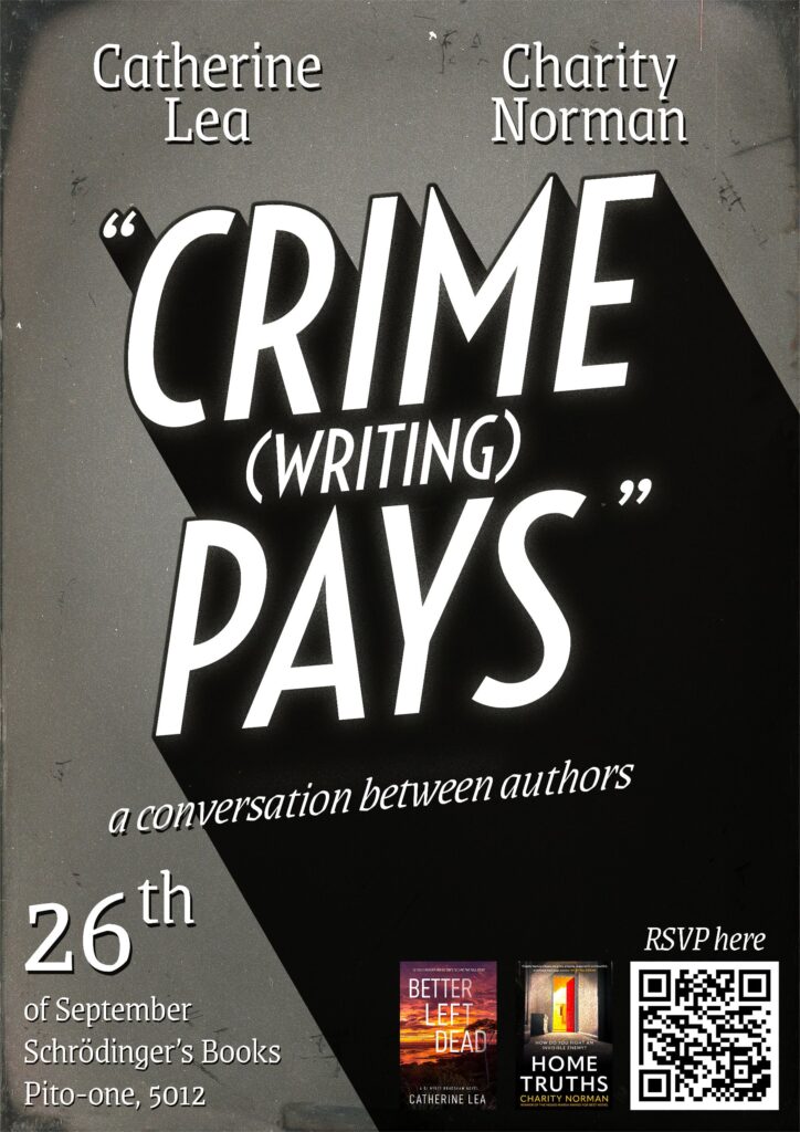 Poster design. A vintage-inspired black and white design with large white text over a long, dark shadow. Imitating title cards from vintage noir films.

Caption: Crime (writing) pays.