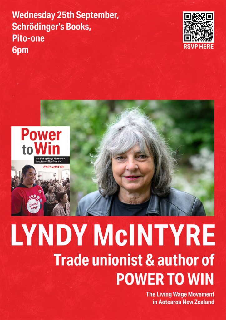 Poster design. Largely red design with white sans-serif text and a photograph of a woman with grey hair.

Caption: Lyndy McIntyre, Trade Unionist & author of Power to Win.